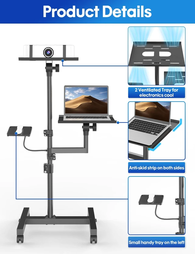 Alt view image 4 of 7 - ORWOD Projector Stand, 2-Shelf Laptop Tripod Stand with Adjustable Height | Max 47" Height Adjustable Laptop Cart on Wheels, Projector Floor Stand with Ventilated Tray for Podium, Meeting
