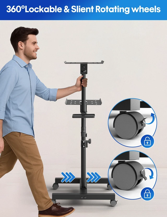 Alt view image 5 of 7 - ORWOD Projector Stand, 2-Shelf Laptop Tripod Stand with Adjustable Height | Max 47" Height Adjustable Laptop Cart on Wheels, Projector Floor Stand with Ventilated Tray for Podium, Meeting