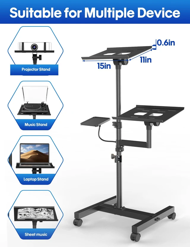 Alt view image 6 of 7 - ORWOD Projector Stand, 2-Shelf Laptop Tripod Stand with Adjustable Height | Max 47" Height Adjustable Laptop Cart on Wheels, Projector Floor Stand with Ventilated Tray for Podium, Meeting