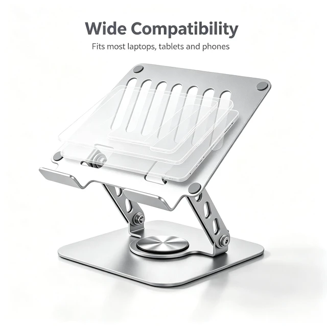 Alt view image 5 of 7 - Spjyzeng Laptop Stand with 360° Rotating Heavy Base, Foldable Adjustable | Heavy Duty Weighted Base, Premium Aluminum Alloy, 360° Rotation, Multi-Angle Adjustment, for Laptop & Tablet