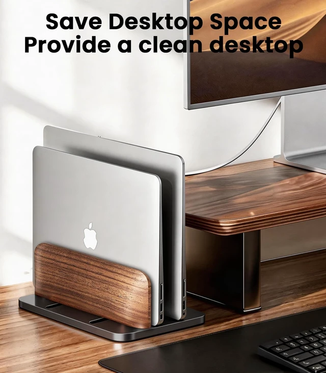 Alt view image 2 of 7 - LOXP Vertical Laptop Stand, Dual Slot Wooden + Aluminum Laptop Holder | Desktop Adjustable MacBook Stand, Adjustable Base, for MacBook Pro/Air, (up to 17.3-inch All laptops)