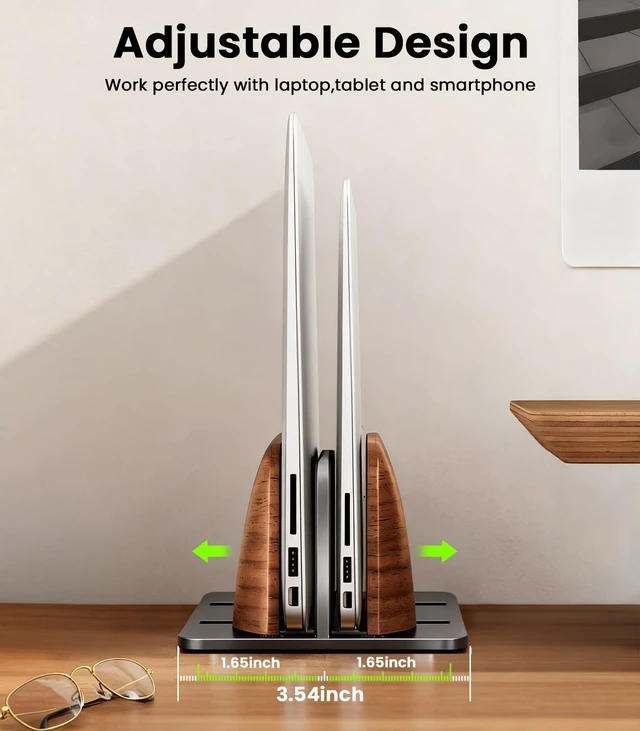 Alt view image 3 of 7 - LOXP Vertical Laptop Stand, Dual Slot Wooden + Aluminum Laptop Holder | Desktop Adjustable MacBook Stand, Adjustable Base, for MacBook Pro/Air, (up to 17.3-inch All laptops)