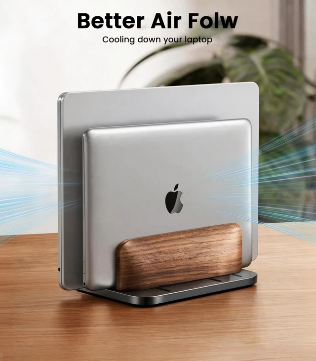 Alt view image 4 of 7 - LOXP Vertical Laptop Stand, Dual Slot Wooden + Aluminum Laptop Holder | Desktop Adjustable MacBook Stand, Adjustable Base, for MacBook Pro/Air, (up to 17.3-inch All laptops)