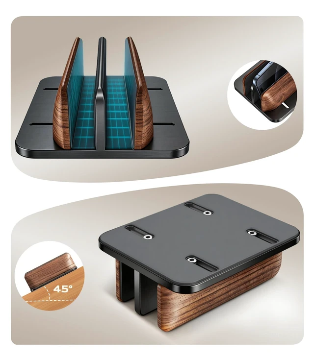 Alt view image 5 of 7 - LOXP Vertical Laptop Stand, Dual Slot Wooden + Aluminum Laptop Holder | Desktop Adjustable MacBook Stand, Adjustable Base, for MacBook Pro/Air, (up to 17.3-inch All laptops)