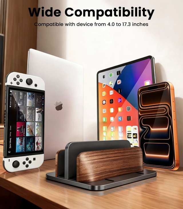 Alt view image 6 of 7 - LOXP Vertical Laptop Stand, Dual Slot Wooden + Aluminum Laptop Holder | Desktop Adjustable MacBook Stand, Adjustable Base, for MacBook Pro/Air, (up to 17.3-inch All laptops)