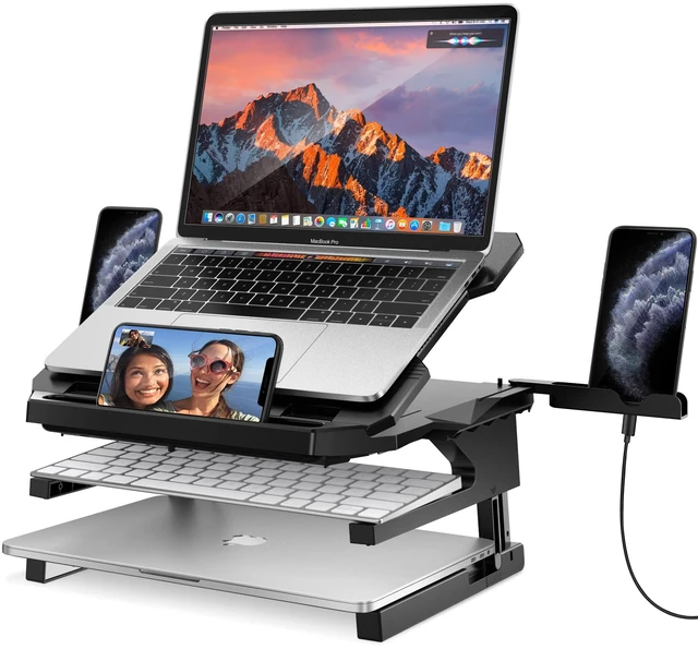 Main image of AboveTEK Laptop Stand, 20 Angles Two-Layer Height Adjustable Laptop Stands, Portable Laptop Riser with 360 Rotating Base Storage Space & Extra Phone Holders Compatible with 10''-17'' Laptops Black