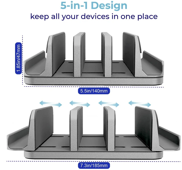 Alt view image 3 of 7 - TEFONIA Vertical Laptop Stand Holder 5 Slots, Aluminum Space-Saving Laptop Holder, Adjustable Size Dock Tabletop Desk Organizer 3 Slot + 2 for Apple MacBook/Surface/PC/Tablet/iPad/iPhone (Space Gray)