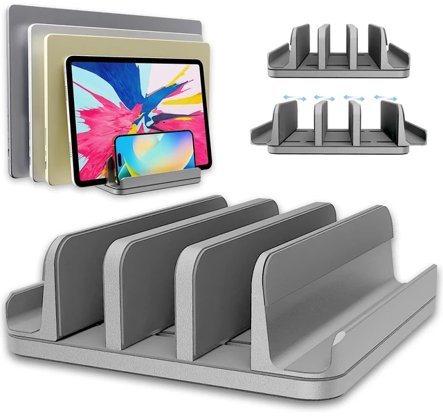 Main image of TEFONIA Vertical Laptop Stand Holder 5 Slots, Aluminum Space-Saving Laptop Holder, Adjustable Size Dock Tabletop Desk Organizer 3 Slot + 2 for Apple MacBook/Surface/PC/Tablet/iPad/iPhone (Space Gray)