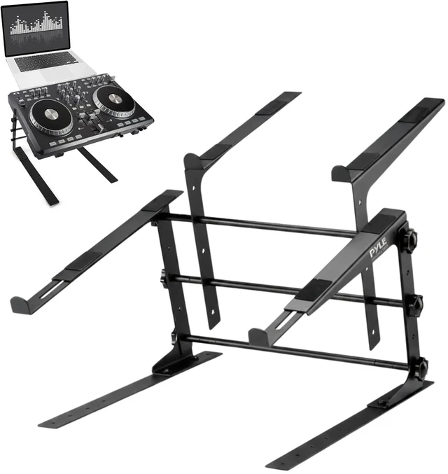 Main image of Pyle Portable Dual Laptop Stand - Standing Table with Adjustable Height, Ergonomic Design & Anti-Slip Prongs for DJ Mixer, Sound Equipment, Workstation, Gaming & Home Use - PLPTS38, Black