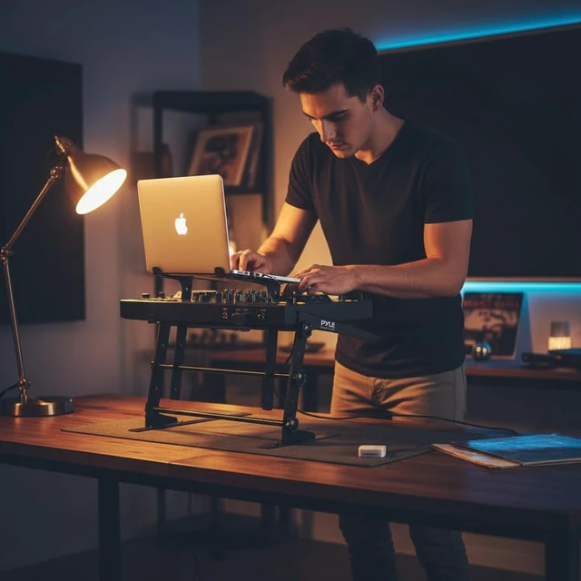 Alt view image 2 of 7 - Pyle Portable Dual Laptop Stand - Standing Table with Adjustable Height, Ergonomic Design & Anti-Slip Prongs for DJ Mixer, Sound Equipment, Workstation, Gaming & Home Use - PLPTS38, Black