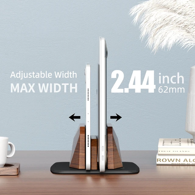 Alt view image 3 of 7 - AFOOYO Vertical Laptop Stand - Dual Slots Walnut Adjustable Laptop Holder,Desktop Dock Compatible with All MacBook, Surface,Chromebook,Dell & More(Walnut)