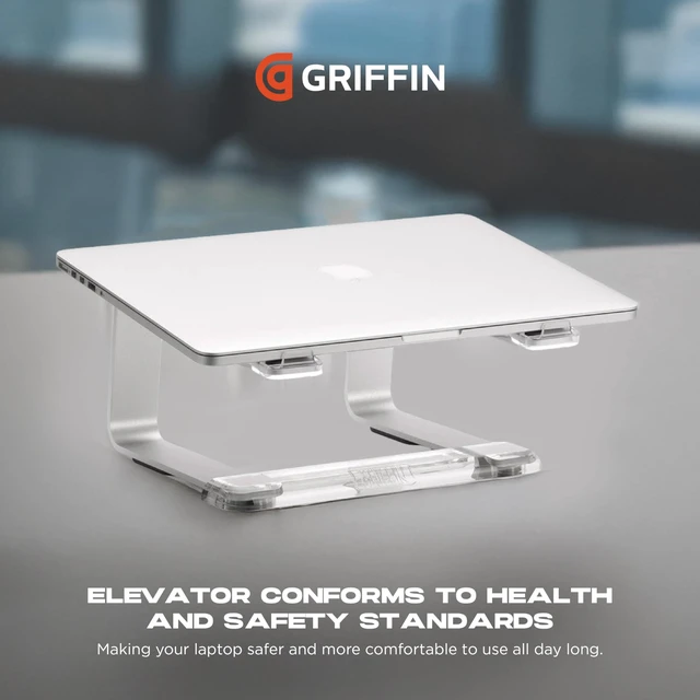 Alt view image 3 of 5 - Griffin Elevator Laptop Stand - Ergonomic Computer Riser & Laptop Mount Made of Sturdy Brushed Aluminum - Supports Posture & Elevates Workspace with a Minimal Design, Classic Clear (2.5 Oz)