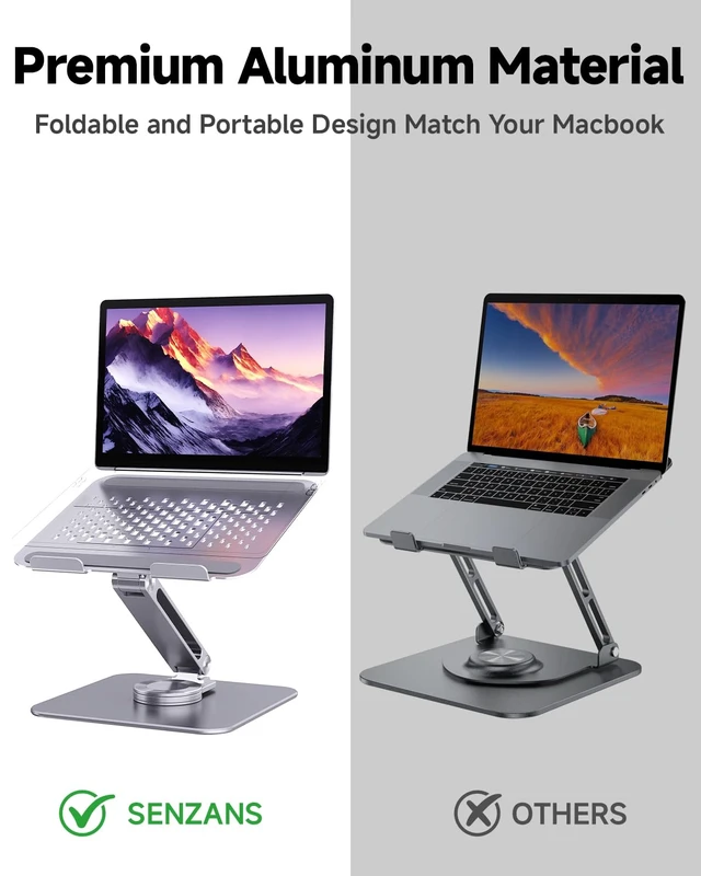 Alt view image 3 of 7 - SENZANS Adjustable Laptop Stand for Desk 360° Rotating Base for 10-17.3'' | Aluminum Laptop Riser, Ergonomic Computer Stand Foldable Protable Fits with MacBook Air Pro, Dell, HP (10"-17.3")