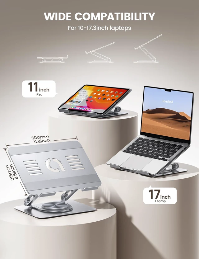 Alt view image 2 of 7 - Adjustable Laptop Stand for Desk 360° Rotating Base for 10-17.3'' | Aluminum Laptop Riser, Ergonomic Computer Stand Foldable Protable fits MacBook Neo Air Pro Dell HP Lenovo Office Home Sliver