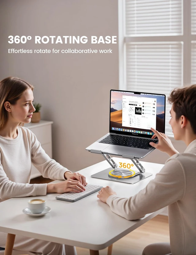 Alt view image 3 of 7 - Adjustable Laptop Stand for Desk 360° Rotating Base for 10-17.3'' | Aluminum Laptop Riser, Ergonomic Computer Stand Foldable Protable fits MacBook Neo Air Pro Dell HP Lenovo Office Home Sliver