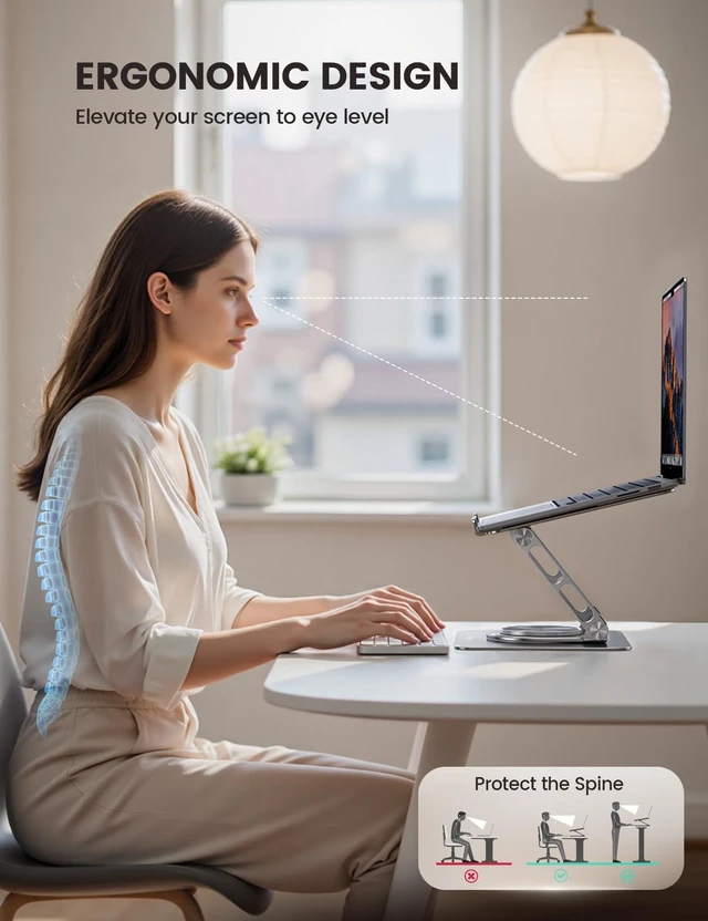 Alt view image 4 of 7 - Adjustable Laptop Stand for Desk 360° Rotating Base for 10-17.3'' | Aluminum Laptop Riser, Ergonomic Computer Stand Foldable Protable fits MacBook Neo Air Pro Dell HP Lenovo Office Home Sliver