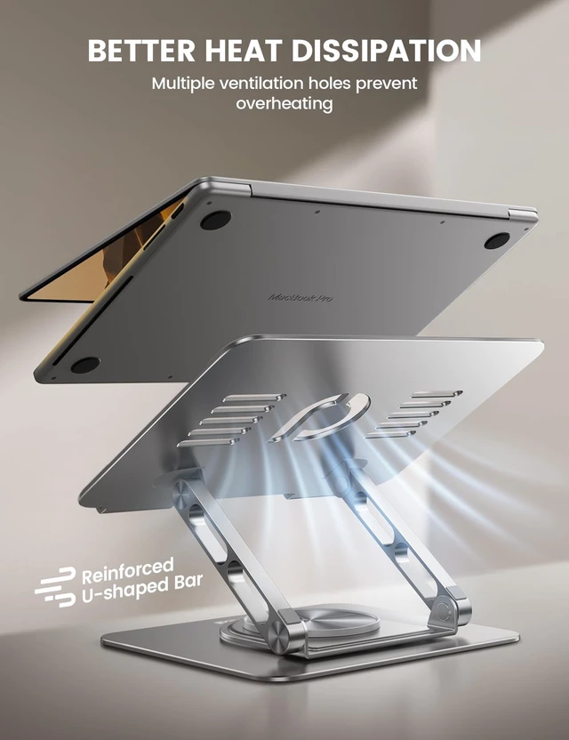 Alt view image 6 of 7 - Adjustable Laptop Stand for Desk 360° Rotating Base for 10-17.3'' | Aluminum Laptop Riser, Ergonomic Computer Stand Foldable Protable fits MacBook Neo Air Pro Dell HP Lenovo Office Home Sliver
