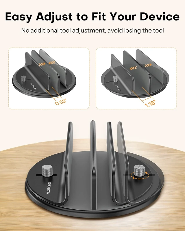 Alt view image 3 of 7 - OMOTON 360° Vertical Laptop Stand Holder, Dual-Slot Aluminum Desk Organizer | Sides Knob Adjustment (No Lost Screws), Fits MacBook, iPad, Phones, and Tablets, Non-slip silicone, up to 17.3"