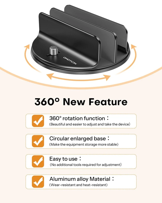 Alt view image 2 of 7 - OMOTON 360° Vertical Laptop Stand Holder, Dual-Slot Aluminum Desk Organizer | Sides Knob Adjustment (No Lost Screws), Fits MacBook, iPad, Phones, and Tablets, Non-slip silicone, up to 17.3"
