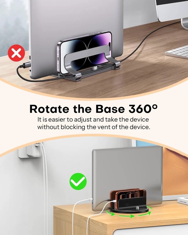 Alt view image 5 of 7 - OMOTON 360° Vertical Laptop Stand Holder, Dual-Slot Aluminum Desk Organizer | Sides Knob Adjustment (No Lost Screws), Fits MacBook, iPad, Phones, and Tablets, Non-slip silicone, up to 17.3"