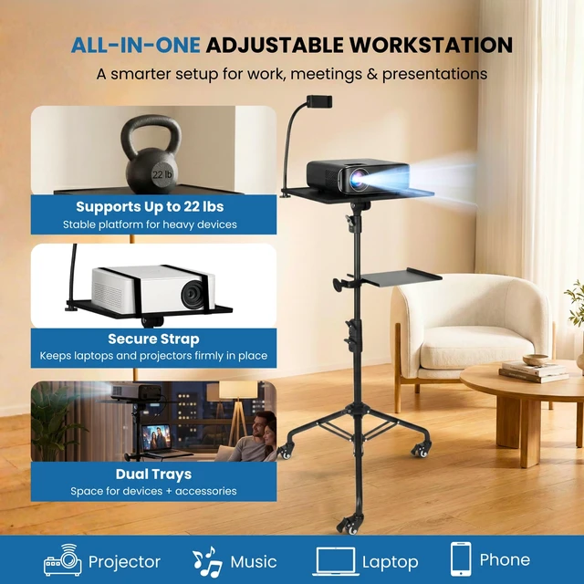 Alt view image 2 of 7 - Steadus - Projector Stand Tripod - 28.7 -54.3 Inch Adjustable Laptop Tripod Stand with Wheels - Dual Tray Portable Laptop Stand with Phone Holder for Office, Home, Stage, DJ Equipment & Outdoor Movies