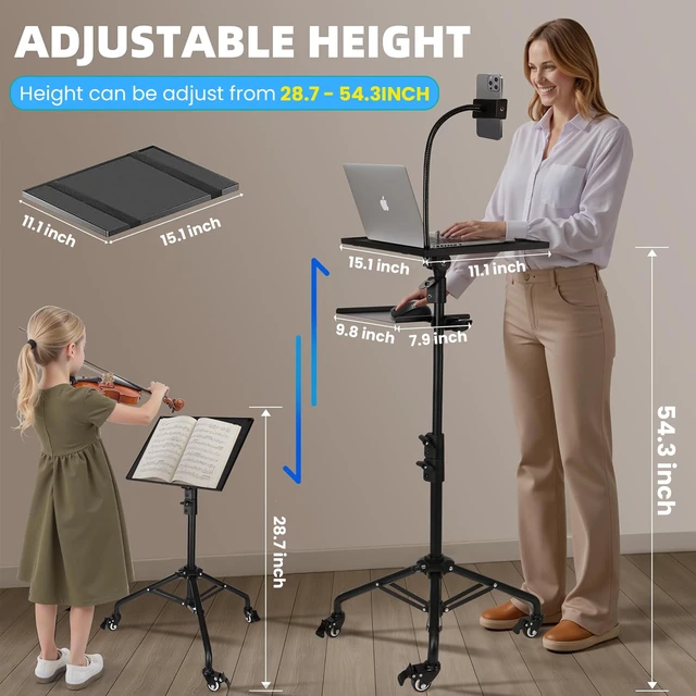 Alt view image 3 of 7 - Steadus - Projector Stand Tripod - 28.7 -54.3 Inch Adjustable Laptop Tripod Stand with Wheels - Dual Tray Portable Laptop Stand with Phone Holder for Office, Home, Stage, DJ Equipment & Outdoor Movies