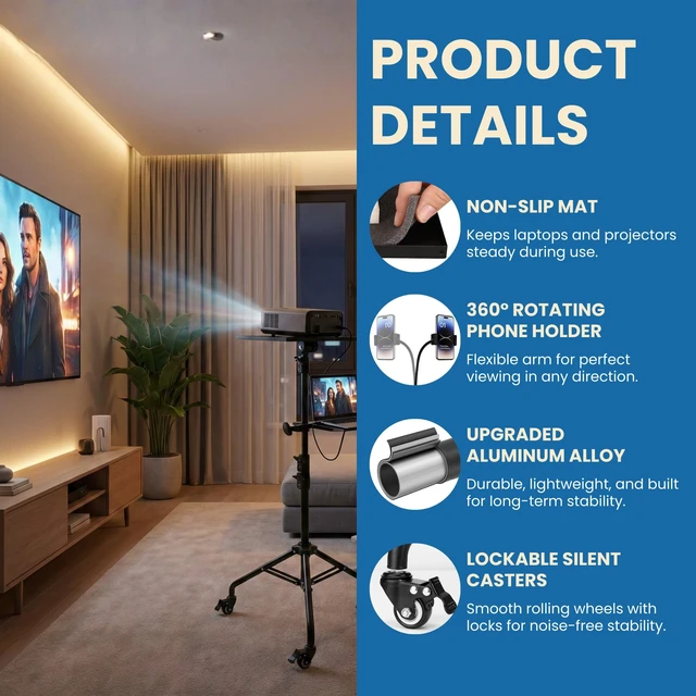 Alt view image 5 of 7 - Steadus - Projector Stand Tripod - 28.7 -54.3 Inch Adjustable Laptop Tripod Stand with Wheels - Dual Tray Portable Laptop Stand with Phone Holder for Office, Home, Stage, DJ Equipment & Outdoor Movies