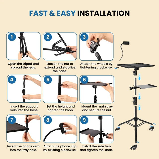 Alt view image 6 of 7 - Steadus - Projector Stand Tripod - 28.7 -54.3 Inch Adjustable Laptop Tripod Stand with Wheels - Dual Tray Portable Laptop Stand with Phone Holder for Office, Home, Stage, DJ Equipment & Outdoor Movies
