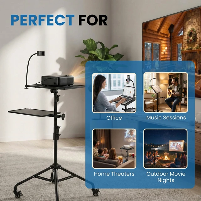 Alt view image 7 of 7 - Steadus - Projector Stand Tripod - 28.7 -54.3 Inch Adjustable Laptop Tripod Stand with Wheels - Dual Tray Portable Laptop Stand with Phone Holder for Office, Home, Stage, DJ Equipment & Outdoor Movies