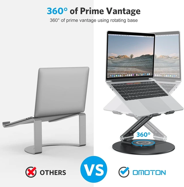 Alt view image 3 of 7 - OMOTON Adjustable Laptop Stand for Desk 360° Rotating Base up to 17" Black | Ergonomic Laptop Rise for Collaborative Work, Foldable Dual Shaft for Easy Storage, Fits for MacBook/Dell/HP