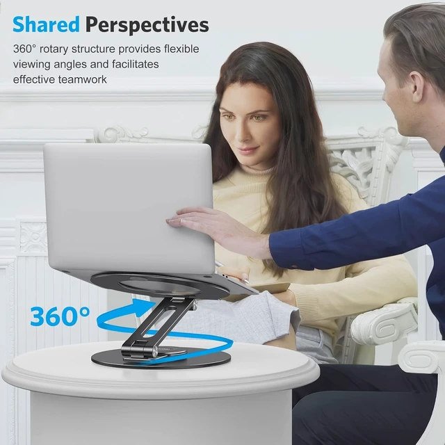 Alt view image 4 of 7 - OMOTON Adjustable Laptop Stand for Desk 360° Rotating Base up to 17" Black | Ergonomic Laptop Rise for Collaborative Work, Foldable Dual Shaft for Easy Storage, Fits for MacBook/Dell/HP