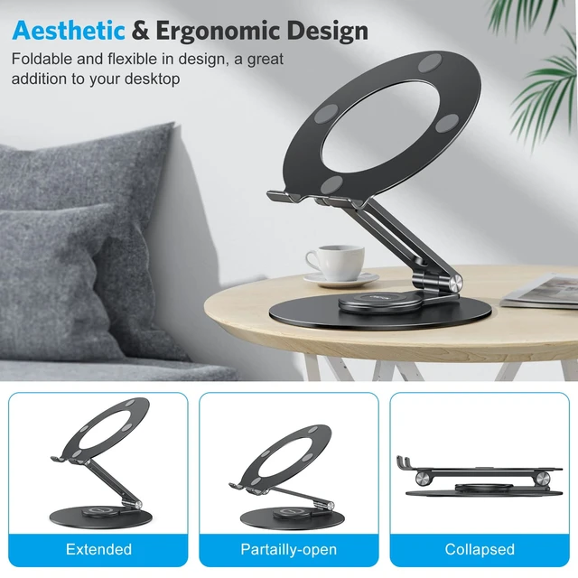 Alt view image 5 of 7 - OMOTON Adjustable Laptop Stand for Desk 360° Rotating Base up to 17" Black | Ergonomic Laptop Rise for Collaborative Work, Foldable Dual Shaft for Easy Storage, Fits for MacBook/Dell/HP