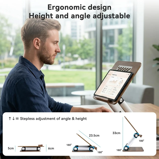 Alt view image 2 of 7 - aceyoon Walnut Wood Laptop Stand 180° Adjustable Retro Style Foldable Notebook Riser Heat Dissipation Vintage Desktop Book Stands Natural Grain Laptop Bracket Compatible with 10-15.6 Laptops