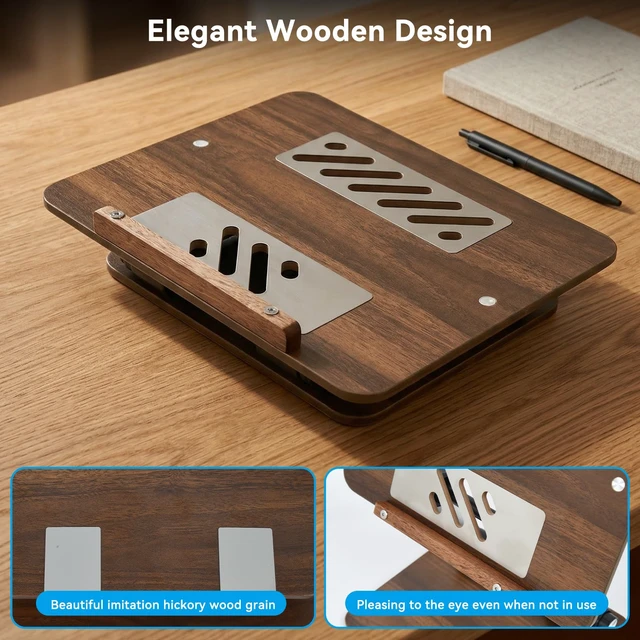 Alt view image 4 of 7 - aceyoon Walnut Wood Laptop Stand 180° Adjustable Retro Style Foldable Notebook Riser Heat Dissipation Vintage Desktop Book Stands Natural Grain Laptop Bracket Compatible with 10-15.6 Laptops