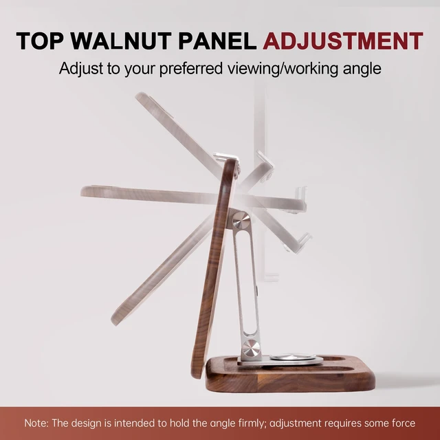 Alt view image 2 of 7 - TlaroRiz Walnut-Wooden Laptop Stand for Desk, Adjustable Height & Angle with 360° Aluminum Alloy Swivel Base, Wood Laptop Stand Compatible with MacBook Pro, All Laptops 10-17", Brown