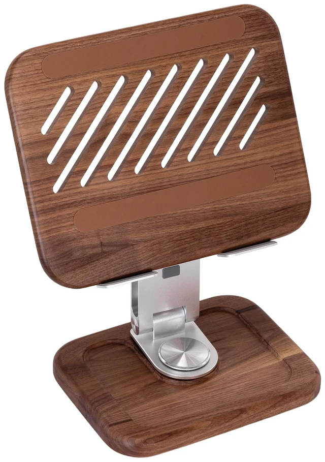 Main image of TlaroRiz Walnut-Wooden Laptop Stand for Desk, Adjustable Height & Angle with 360° Aluminum Alloy Swivel Base, Wood Laptop Stand Compatible with MacBook Pro, All Laptops 10-17", Brown