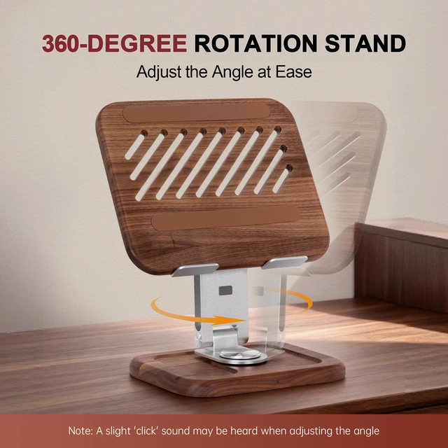 Alt view image 3 of 7 - TlaroRiz Walnut-Wooden Laptop Stand for Desk, Adjustable Height & Angle with 360° Aluminum Alloy Swivel Base, Wood Laptop Stand Compatible with MacBook Pro, All Laptops 10-17", Brown