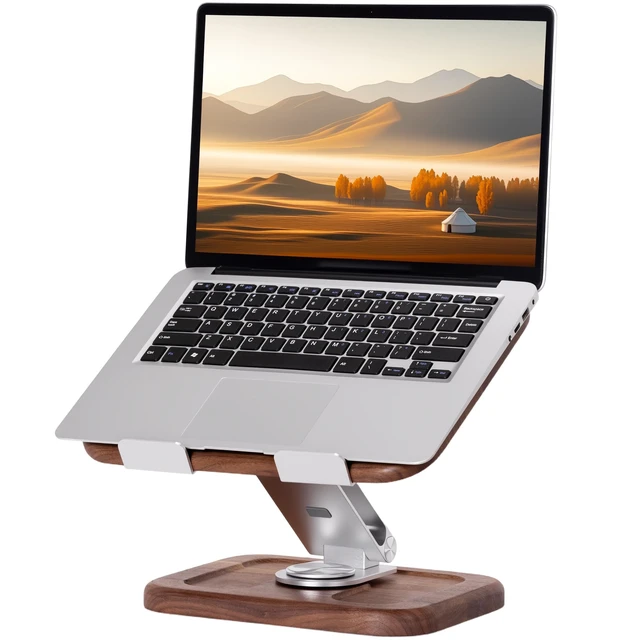 Alt view image 4 of 7 - TlaroRiz Walnut-Wooden Laptop Stand for Desk, Adjustable Height & Angle with 360° Aluminum Alloy Swivel Base, Wood Laptop Stand Compatible with MacBook Pro, All Laptops 10-17", Brown
