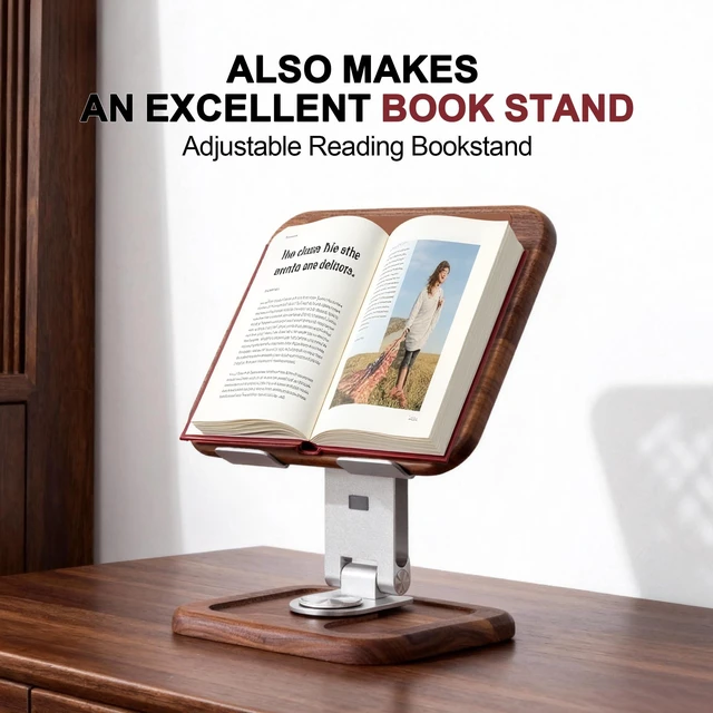 Alt view image 5 of 7 - TlaroRiz Walnut-Wooden Laptop Stand for Desk, Adjustable Height & Angle with 360° Aluminum Alloy Swivel Base, Wood Laptop Stand Compatible with MacBook Pro, All Laptops 10-17", Brown