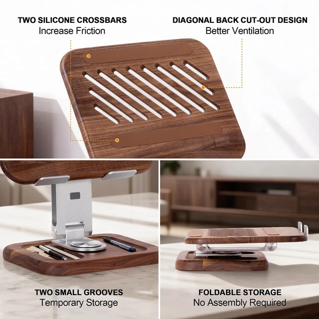 Alt view image 6 of 7 - TlaroRiz Walnut-Wooden Laptop Stand for Desk, Adjustable Height & Angle with 360° Aluminum Alloy Swivel Base, Wood Laptop Stand Compatible with MacBook Pro, All Laptops 10-17", Brown
