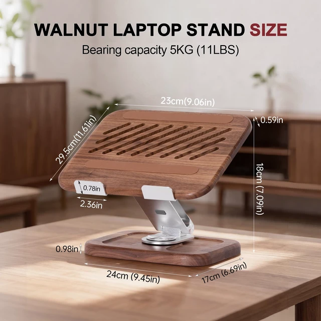 Alt view image 7 of 7 - TlaroRiz Walnut-Wooden Laptop Stand for Desk, Adjustable Height & Angle with 360° Aluminum Alloy Swivel Base, Wood Laptop Stand Compatible with MacBook Pro, All Laptops 10-17", Brown