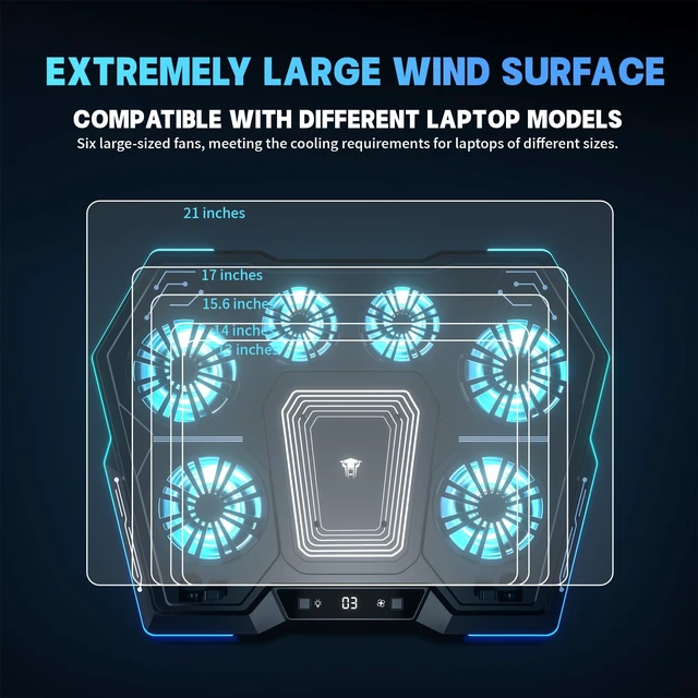Alt view image 2 of 7 - D13 Gaming Laptop Cooling Pad, RGB Laptop Cooler for 13-17.8" Laptops | Semiconductor Cooling & 6 Fans, 8 Adjustable Height, Digital Display, USB-A, 360° Cooling Coverage, Low Noise, Anti-Slip