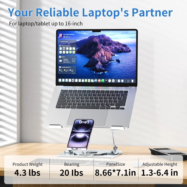 Alt view image 7 of 7 - Laptop Cooling Pad with Detachable Fan & Cooler Cooling Laptop Stand Gray | 2-in-1 Laptop & Phone Stand,Adjustable Height&Angle, 360°Rotatable Base,Ultra-Quiet & Super Sturdy for Laptop 10-17