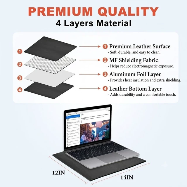 Alt view image 6 of 7 - EMF Radiation Shielding Laptop Pad - 12x16 Inch Heat Blocking Mat, Anti-Radiation & Heat Protection for Laptop, Notebook, Tablet Use on Lap, Office, Travel