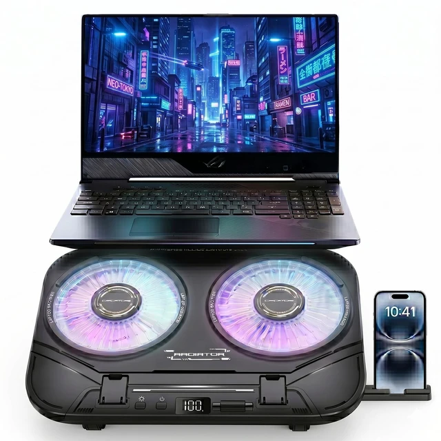 Main image of Laptop Cooling Pad with Dual Core Cooler, Gaming Laptop Cooler with 2 Powerful Large Fans(20000 RPM), Cooling for 13-21in Laptops, 5 Adjustable Heights, RGB Lighting, Phone Holder, Ultra-Quiet (Black)