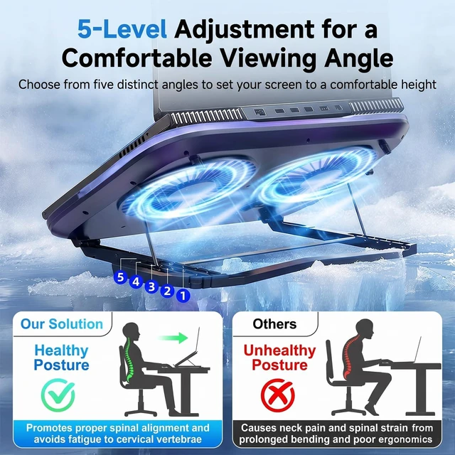 Alt view image 2 of 7 - Laptop Cooling Pad with Dual Core Cooler, Gaming Laptop Cooler with 2 Powerful Large Fans(20000 RPM), Cooling for 13-21in Laptops, 5 Adjustable Heights, RGB Lighting, Phone Holder, Ultra-Quiet (Black)