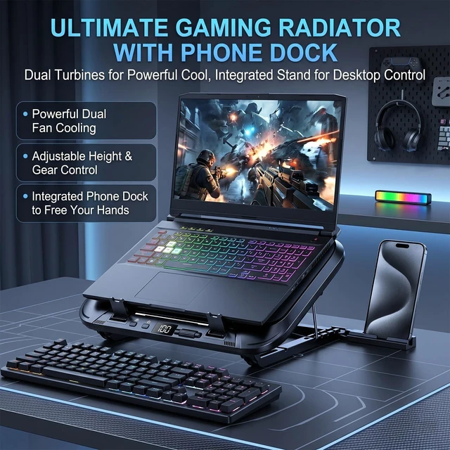 Alt view image 3 of 7 - Laptop Cooling Pad with Dual Core Cooler, Gaming Laptop Cooler with 2 Powerful Large Fans(20000 RPM), Cooling for 13-21in Laptops, 5 Adjustable Heights, RGB Lighting, Phone Holder, Ultra-Quiet (Black)