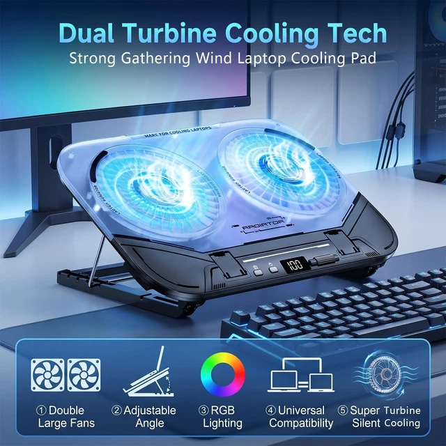 Alt view image 4 of 7 - Laptop Cooling Pad with Dual Core Cooler, Gaming Laptop Cooler with 2 Powerful Large Fans(20000 RPM), Cooling for 13-21in Laptops, 5 Adjustable Heights, RGB Lighting, Phone Holder, Ultra-Quiet (Black)