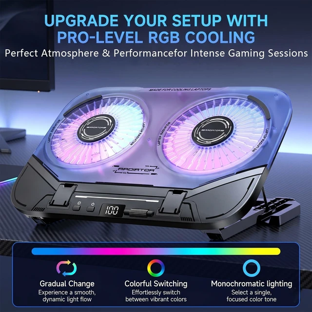Alt view image 6 of 7 - Laptop Cooling Pad with Dual Core Cooler, Gaming Laptop Cooler with 2 Powerful Large Fans(20000 RPM), Cooling for 13-21in Laptops, 5 Adjustable Heights, RGB Lighting, Phone Holder, Ultra-Quiet (Black)