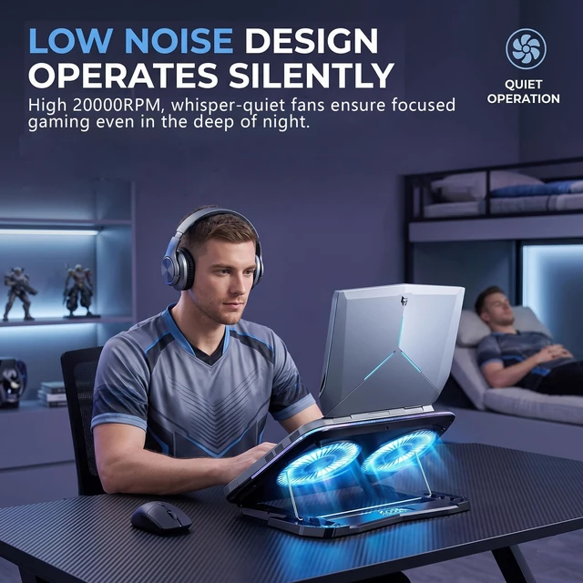Alt view image 5 of 7 - Laptop Cooling Pad with Dual Core Cooler, Gaming Laptop Cooler with 2 Powerful Large Fans(20000 RPM), Cooling for 13-21in Laptops, 5 Adjustable Heights, RGB Lighting, Phone Holder, Ultra-Quiet (Black)